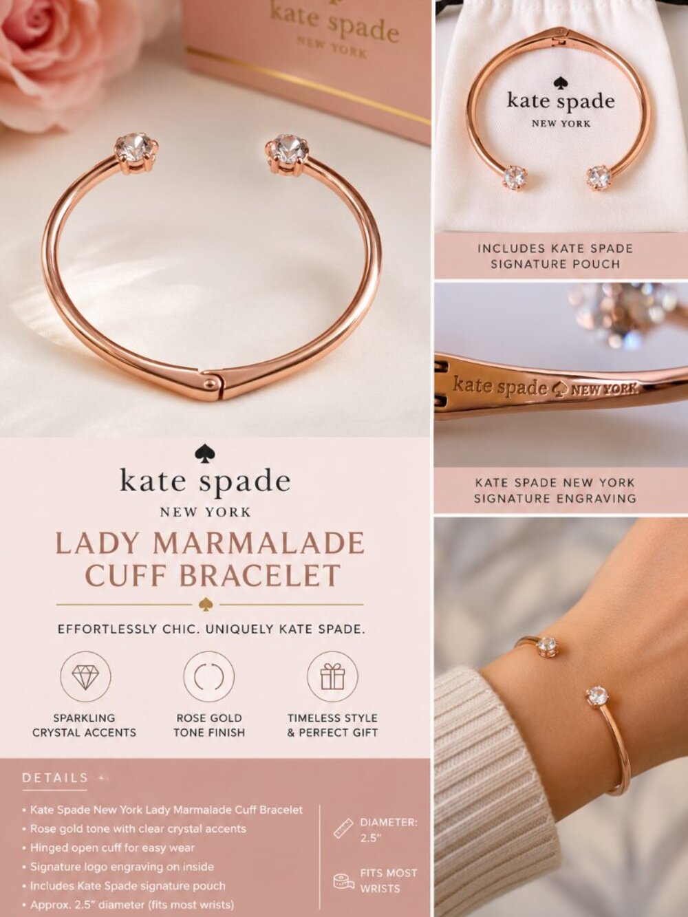 Kate Spade Rose Gold Tone Crystal Cuff Bracelet Hinged Bangle